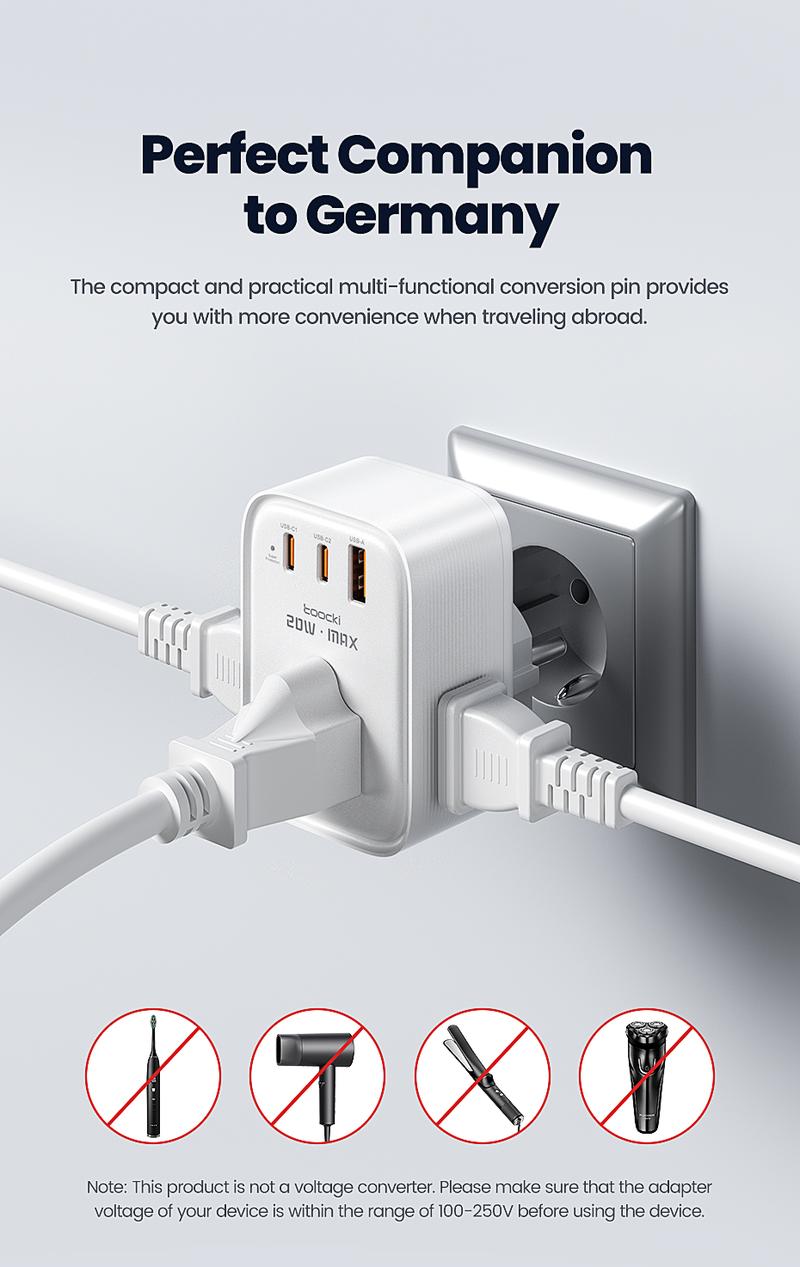 USA to Europe International Plug Adapter, Toocki Travel Adapter, (Single C port 20W Max, USB-A port 18W Max) with 3 AC, 2 USB-C, and 1 USB-A Port, Ideal for iPhone 15, iPad Air, and More,for USA to EU Germany France Iceland Italy  Greece fast charge