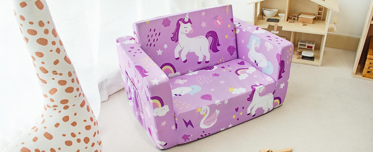 Kids Couch, 2-in-1 Toddler Sofa Fold Out, Soft Toddler Chair for Boys and Girls, Convertible Sofa to Lounger- Ideal for Napping, Reading, and Playing