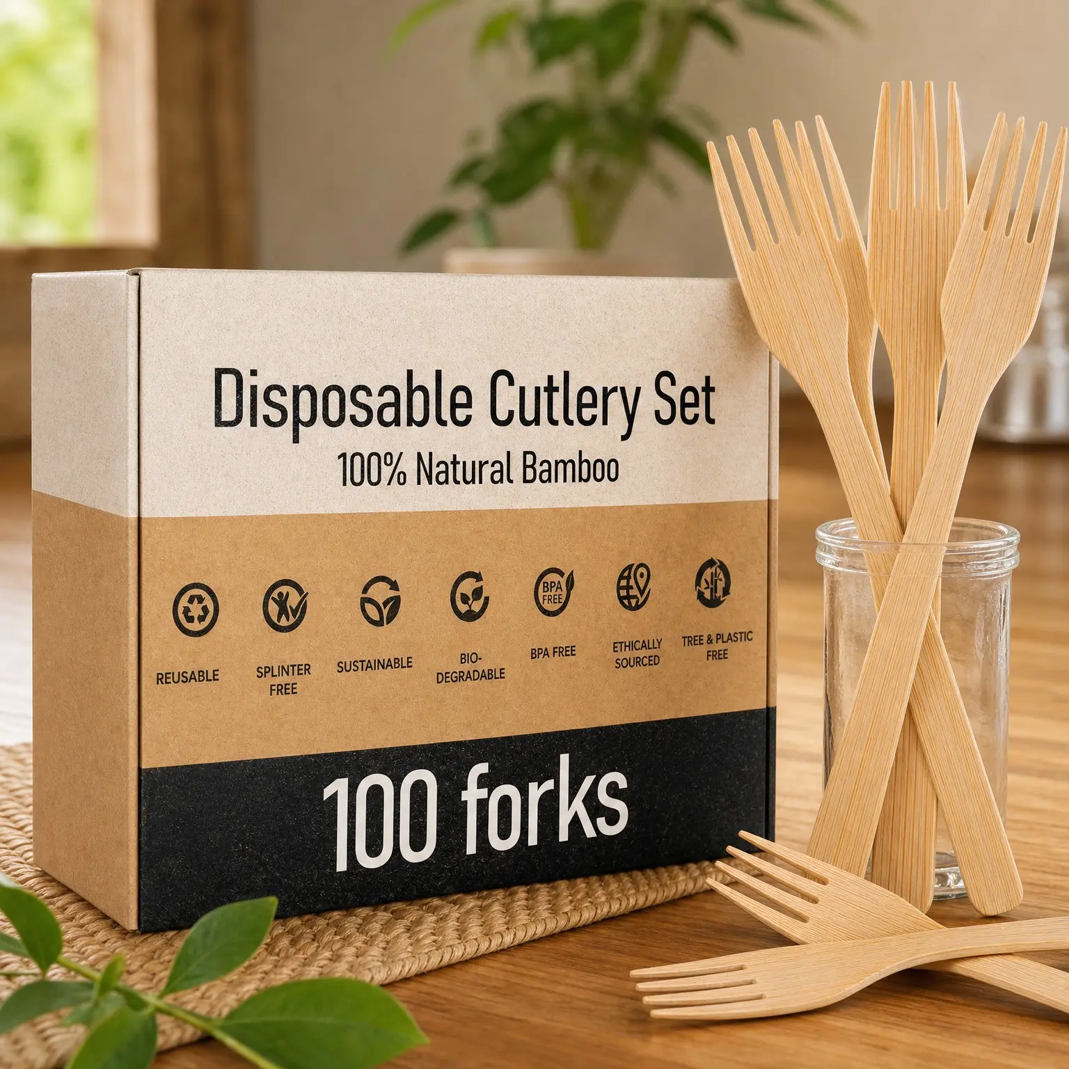 100% Bamboo Forks Set, 100 Pack, Compostable Disposable Cutlery, Biodegradable, Reusable, FSC Certified Flatware for Party, Weddings, CampingGift