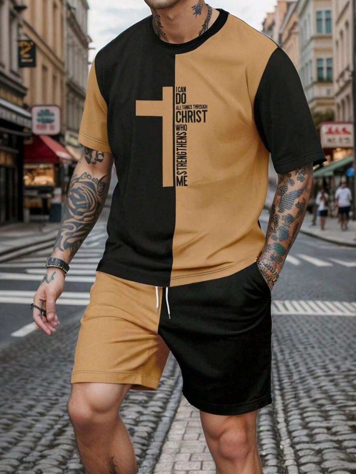 Men's Vintage Religious Style Two-Piece Set, Loose Fit Cross Print Short Sleeve T-Shirt + Gym Shorts, Fashionable for Men