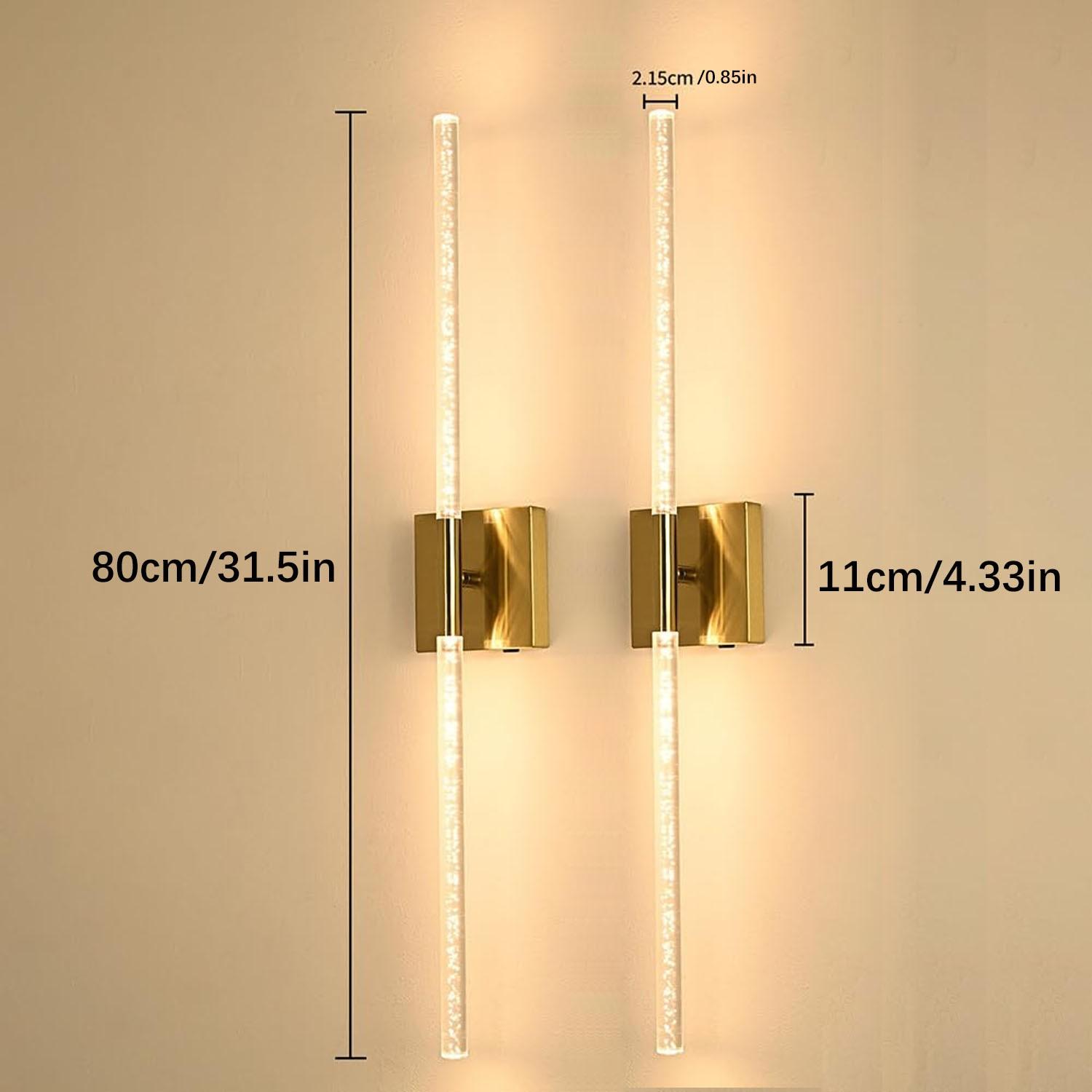 Set of 2 LED Wall Sconces, Black and Gold / 80cm Modern Rectangular Crystal Wall Sconces - Rechargeable with Remote Control - Dimmable - Ideal for living room accent walls, hotel corridors, hallways, and home interiors