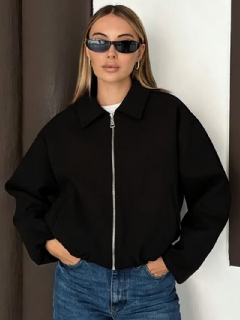 Casual Crop Oversized Puff Jacket Jacket Women's Jacket Spring 2026 Beige Khaki Black Outerwears Zip-Up Lapel Collar Long Sleeve Tops Streetwear Outfits & Weekend Hangouts Coat