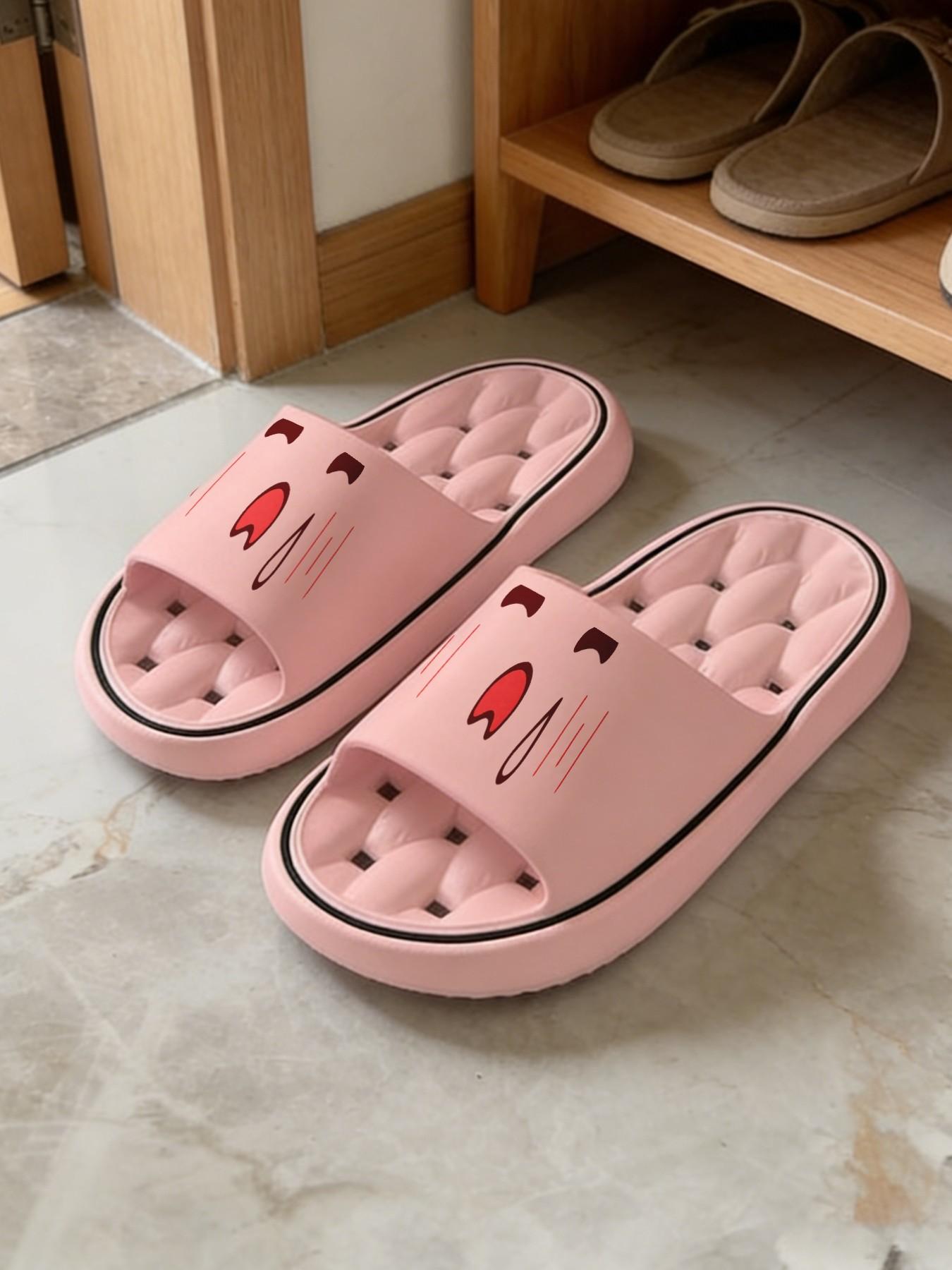1 Pair Cartoon Tongue-out Emoji Printed Hollow Massage Thick Sole Slippers, Cute Soft Style, Non-slip Soft Sole, Quick-dry for Bathroom, Indoor & Outdoor Dual-use, Open Toe Slides, Bathroom Casual Slippers