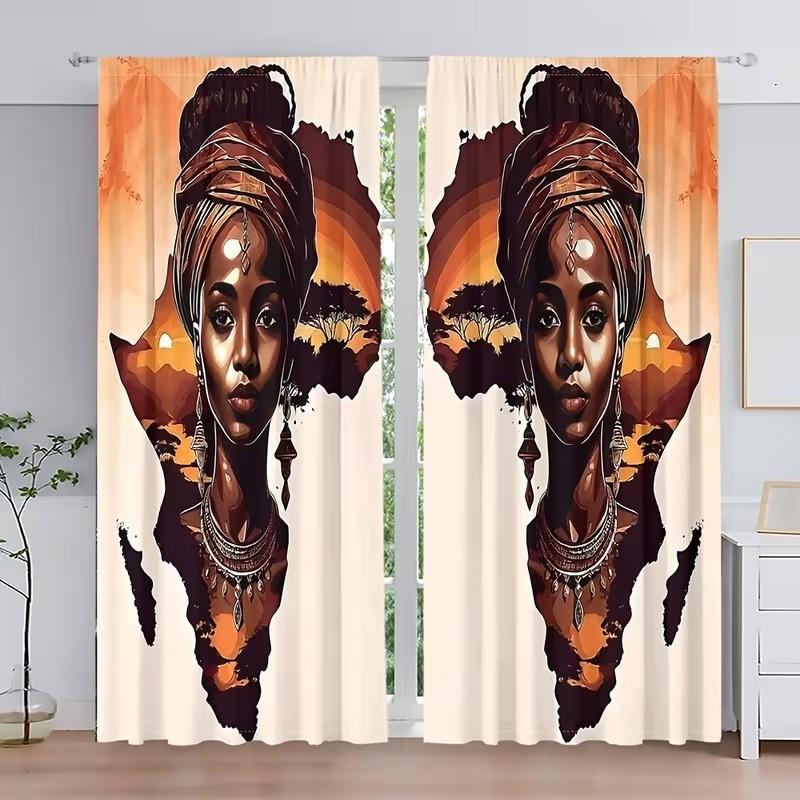 2 pieces, featuring tribal women patterns from Africa. Installed with pocket rods. Digital printed curtains, with filtering function to protect privacy. Suitable for living room, kitchen, bedroom, study, bathroom, hotel, restaurant, and home decoration.