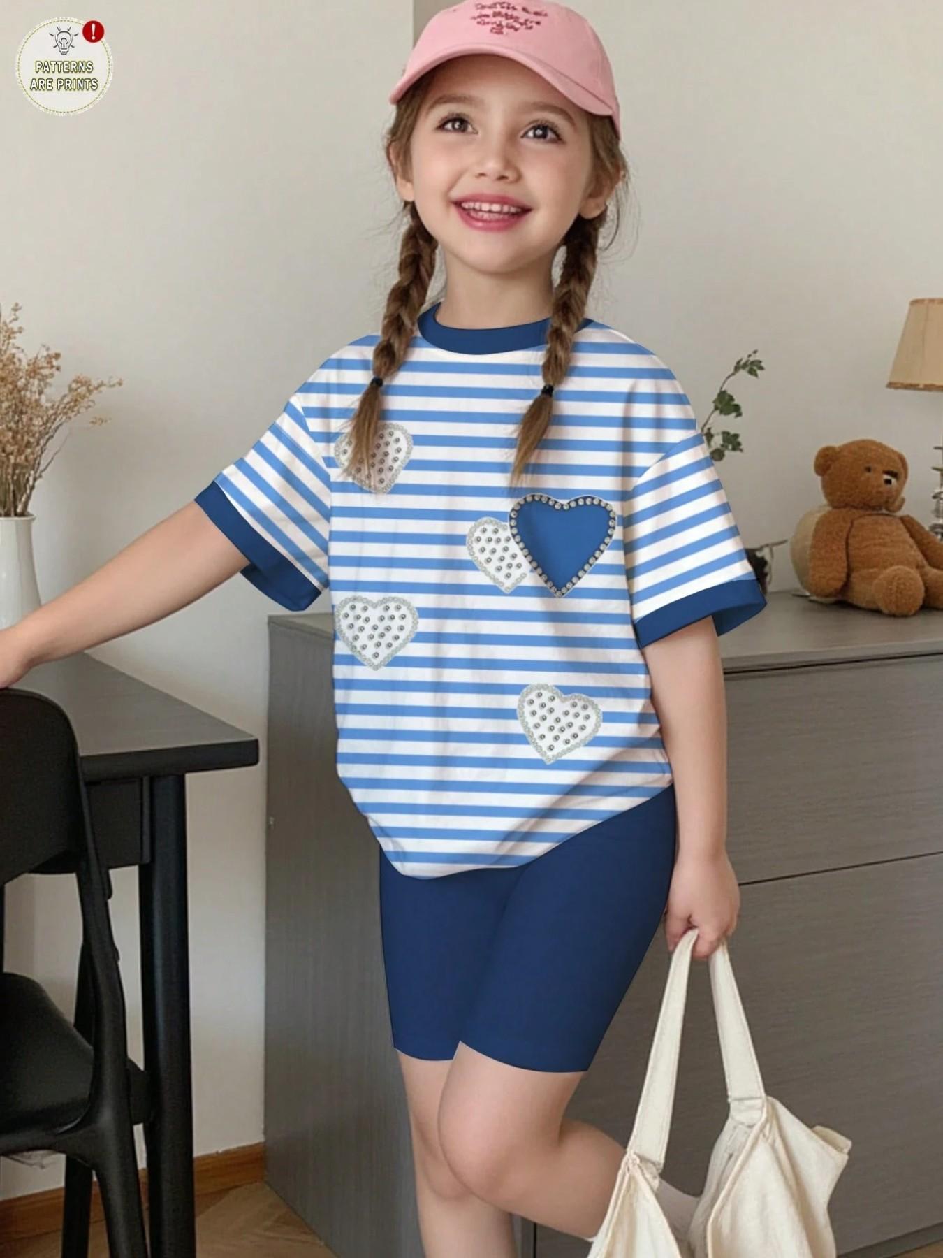 Girls' 2-Piece Set Summer, Striped Heart Print T-Shirt & Shorts, Casual Everyday Wear, Perfect for Parties & Holidays