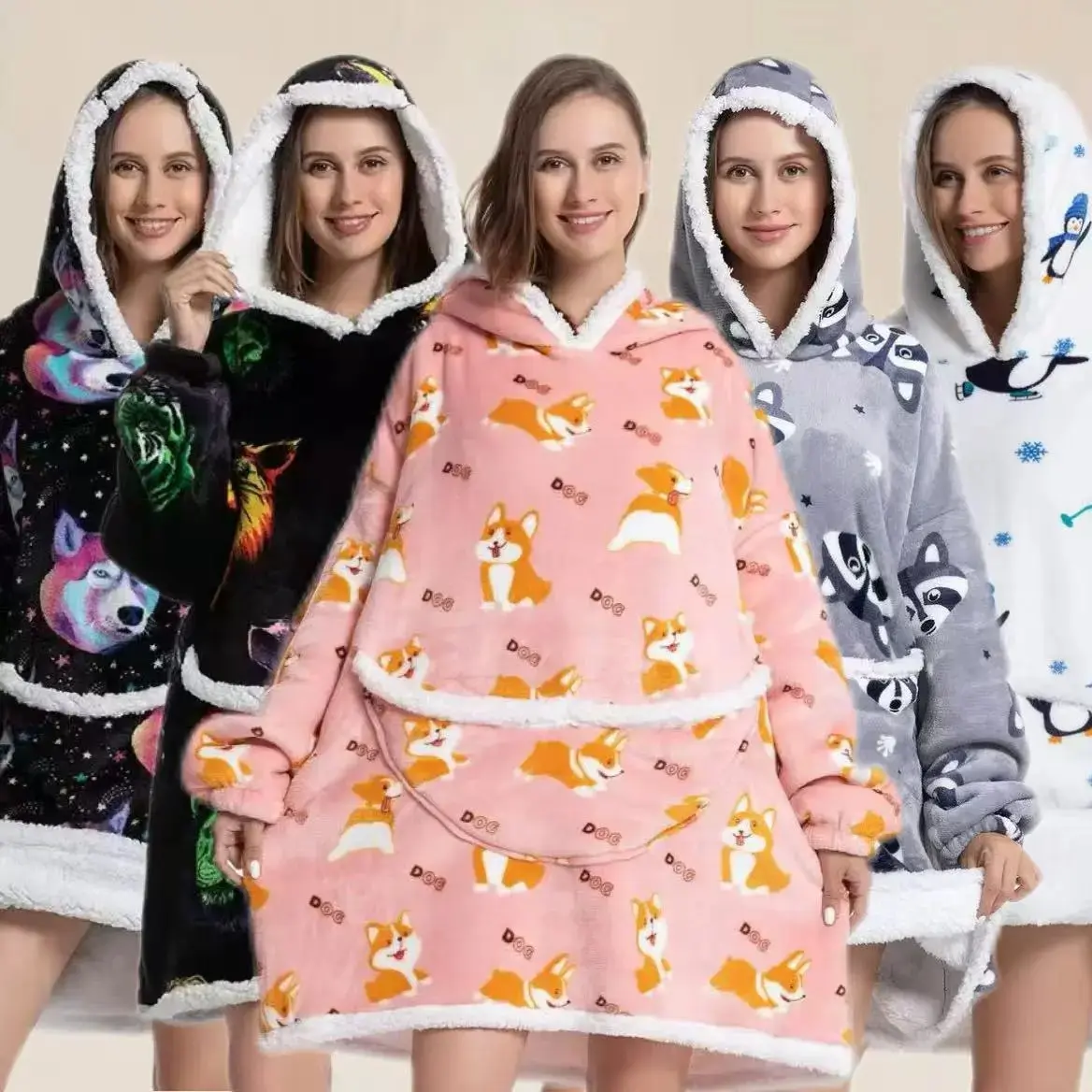 Adult Wearable Blanket Sweater Cute Corgi Print Soft Thickened Fabric Warm Modern Style Cozy Hooded Blanket Perfect for Home & Outdoor Use