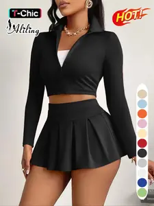 Aliling Casual Women's Two-Piece Solid Set, Spring & Fall Long Sleeve Zipper Crop Top, High Waist Short Pleated Skirt, Slim-Fitting Crop Top and Skirt