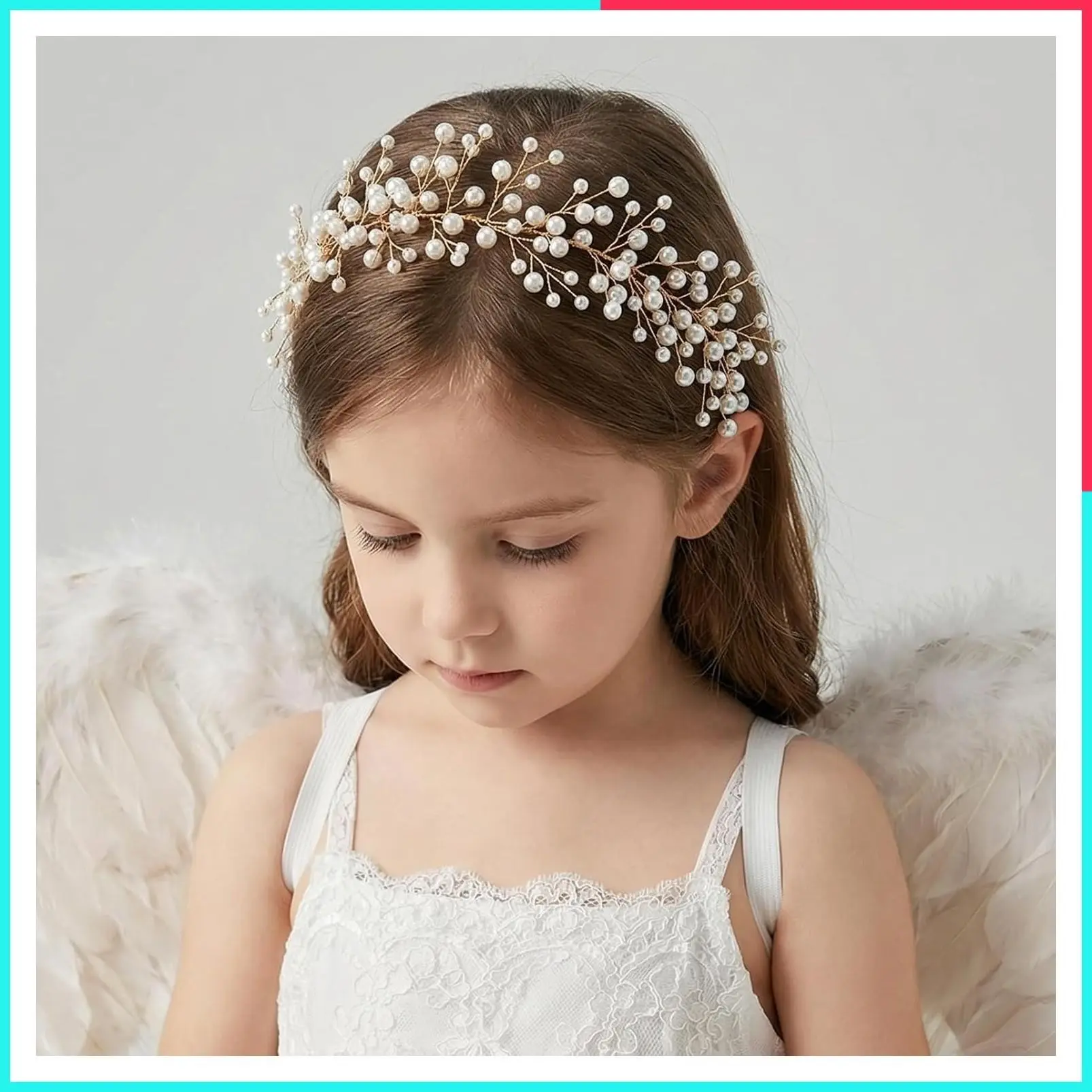 Pearl Flower Girl Crown Headband, Flexible Gold Wire Princess Headpiece with Ivory Ribbon, Wedding Hair Accessories for Toddlers and Kids