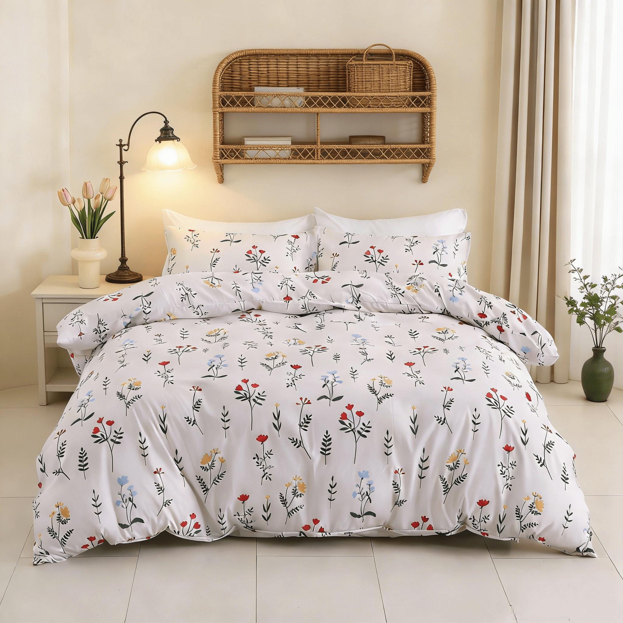 Spring & Summer Refresh, Winter Jasmine Print 3-Piece Duvet Cover Set, Includes 1 Duvet Cover and 2 Pillowcases (Without Insert), Soft and Comfortable, Machine Washable for Easy Care.