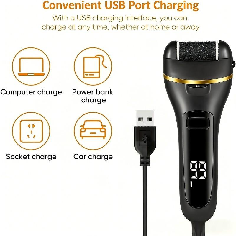 Electric Foot Exfoliator Kit, Rechargeable Nail Care Tool, 3 Rollers, 2 Speeds, Battery Display, Removes Dry Heels, Calluses, Dead Skin