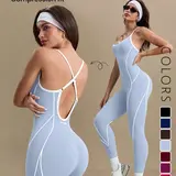 Women's Colorblock U Neck Adjustable Strap High Elastic Yoga Jumpsuit, Sporty Sleeveless Fitness Workout Jumpsuit, All Season Comfortable Wear