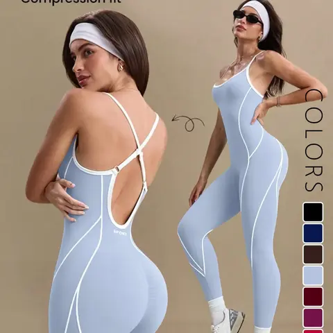 Women's Colorblock U Neck Adjustable Strap High Elastic Yoga Jumpsuit, Sporty Sleeveless Fitness Workout Jumpsuit, All Season Comfortable Wear