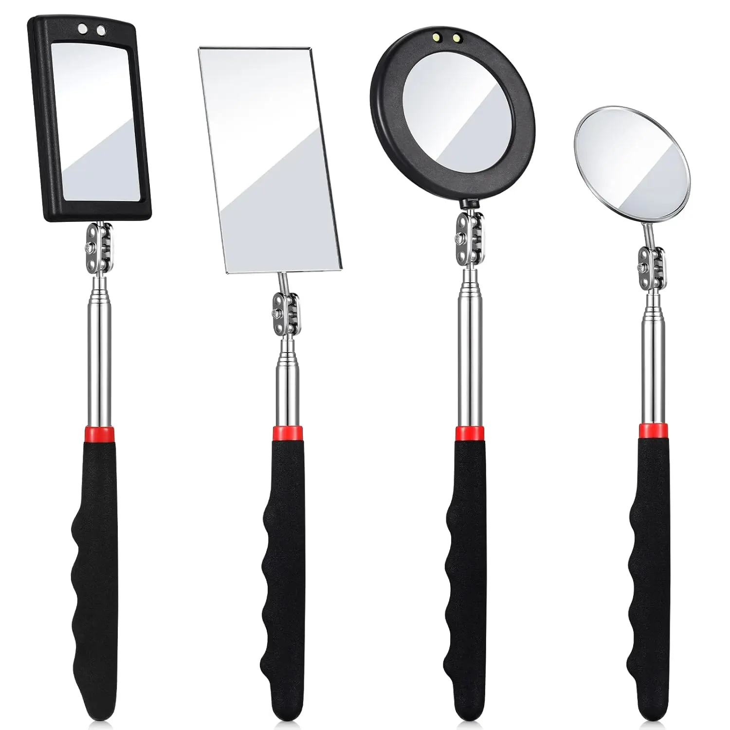 4-Count Multi-Size LED Telescoping Inspection Mirror with Metal Frame, Synthetic Clip-On Rotating Head, Non-Slip Grip Handle - Automotive Car Repair Tool for Mechanics, Tight Spaces