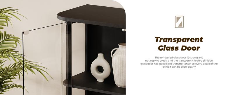 BROTTAR Large Display Cabinet with Glass Door, 4-Tier Curio Cabinet with 3 Color Lights for Collectibles, Glass Display Case with Transparent Full-Display Surface, Human Body Sensor, Black/White