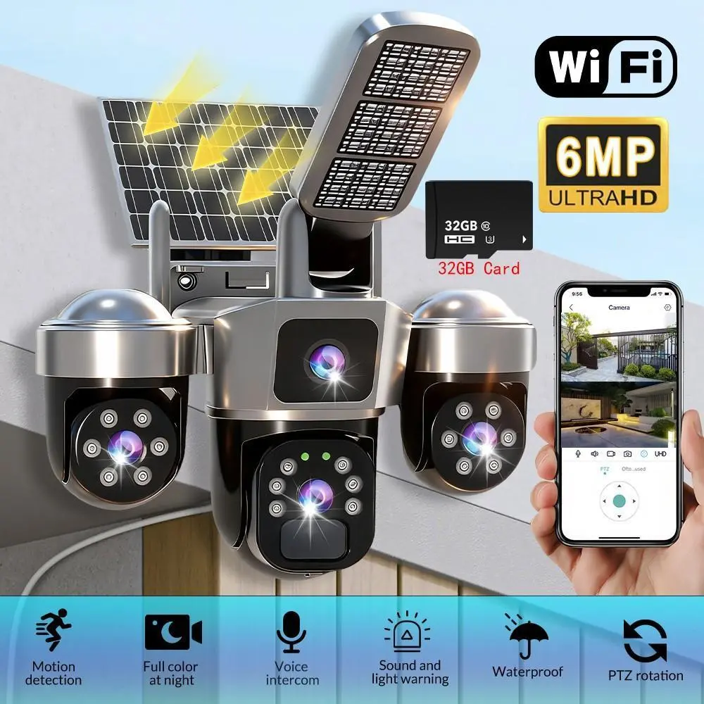 【BackToSchool】Solar cctv WiFi Security Camera with Spotlight 1080P HD Clear Picture PlR MotionDetection Color Night Vision Waterproof Black Security wireless Camera Dual lenses no dead ends Automatic Tracking wireless deals for you