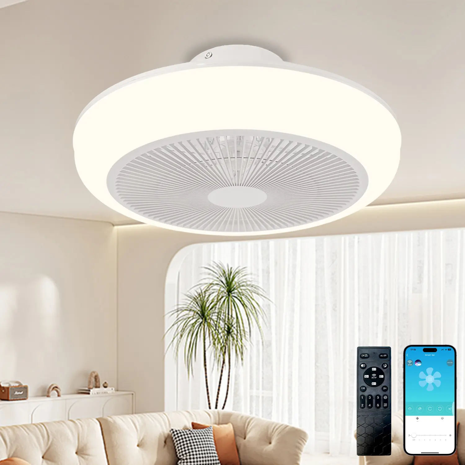 # tiktok shop ceiling fan light,   RGB Ceiling Fans with Lights 20" Fandelier Low Profile Smart Ceiling Fan with Light, Flush Mount Ceiling Fan Light with Remote/APP (RGBWW (Supports Alexa Voice Control))