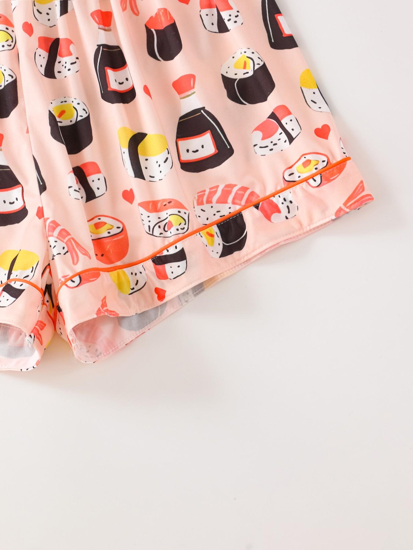 Women's Sushi Full Print Pajama Set, Collared Button Short Sleeve Top and Loose Comfortable Shorts, Fun Sweet Sleepwear Set