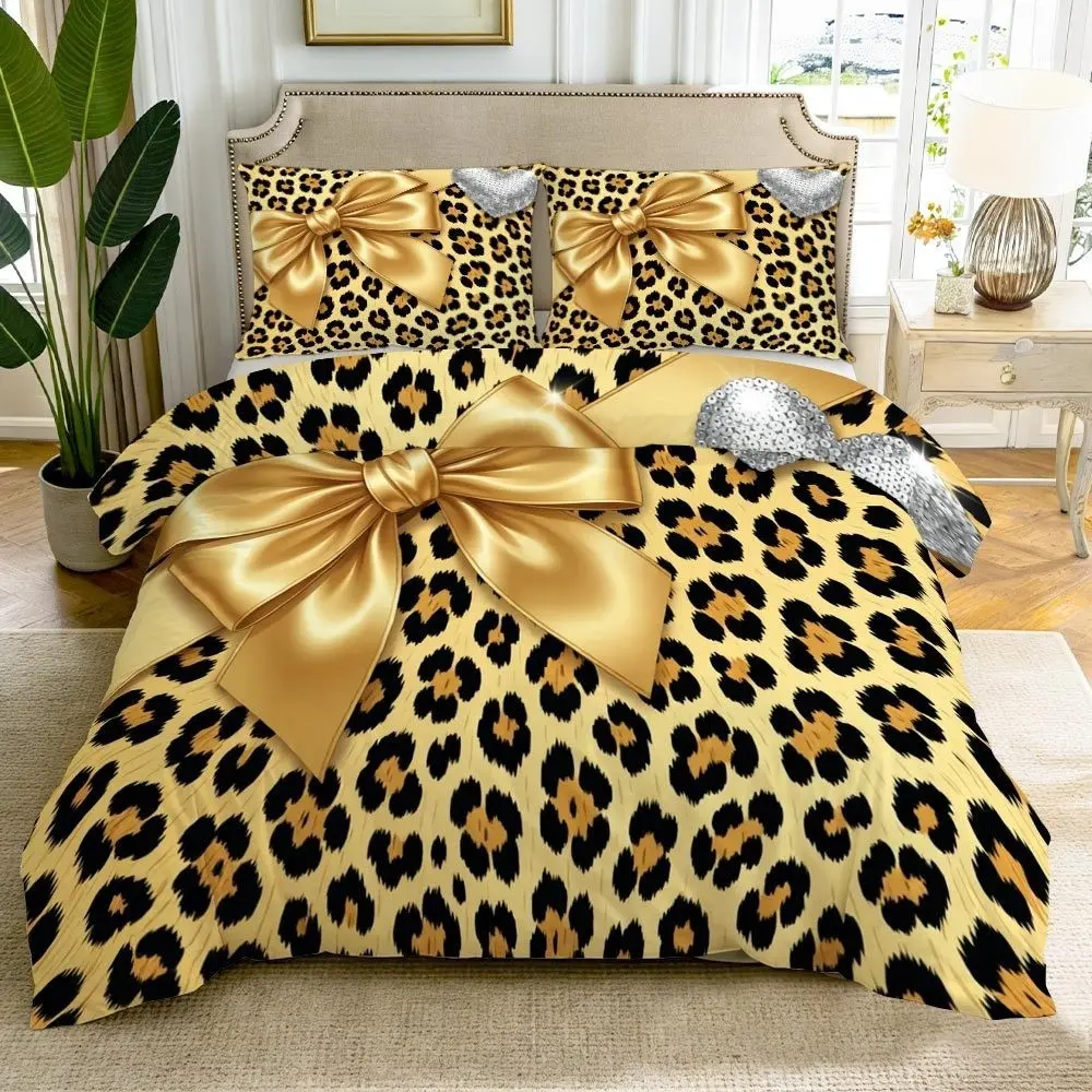 Leopard Print Bow Tie Bedspread Set, 1 Duvet Cover + 2 Pillowcases, High-Definition Printing, Home & Dorm Bedroom Linen
