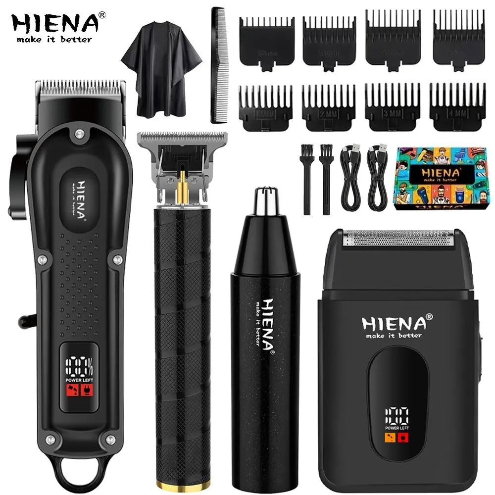 HIENA 4-Piece Men's Electric Shaver Set | Nose Hair Trimmer, Beard Razor Kit, USB Rechargeable, LED Display, Lightweight, Travel-Friendly, Includes Comb, Shaver Combo.