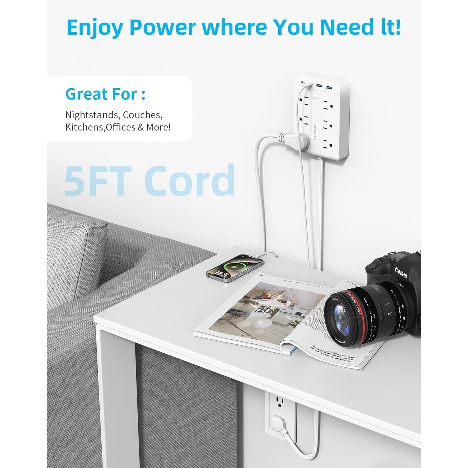Surge Protector Power Strip, Flat Plug Extension Cord with Multiple Outlets, 6 AC, 4 USB (2 USB C), 5FT Outlet Extender Stick,  Office Dorm Room Essentials, White