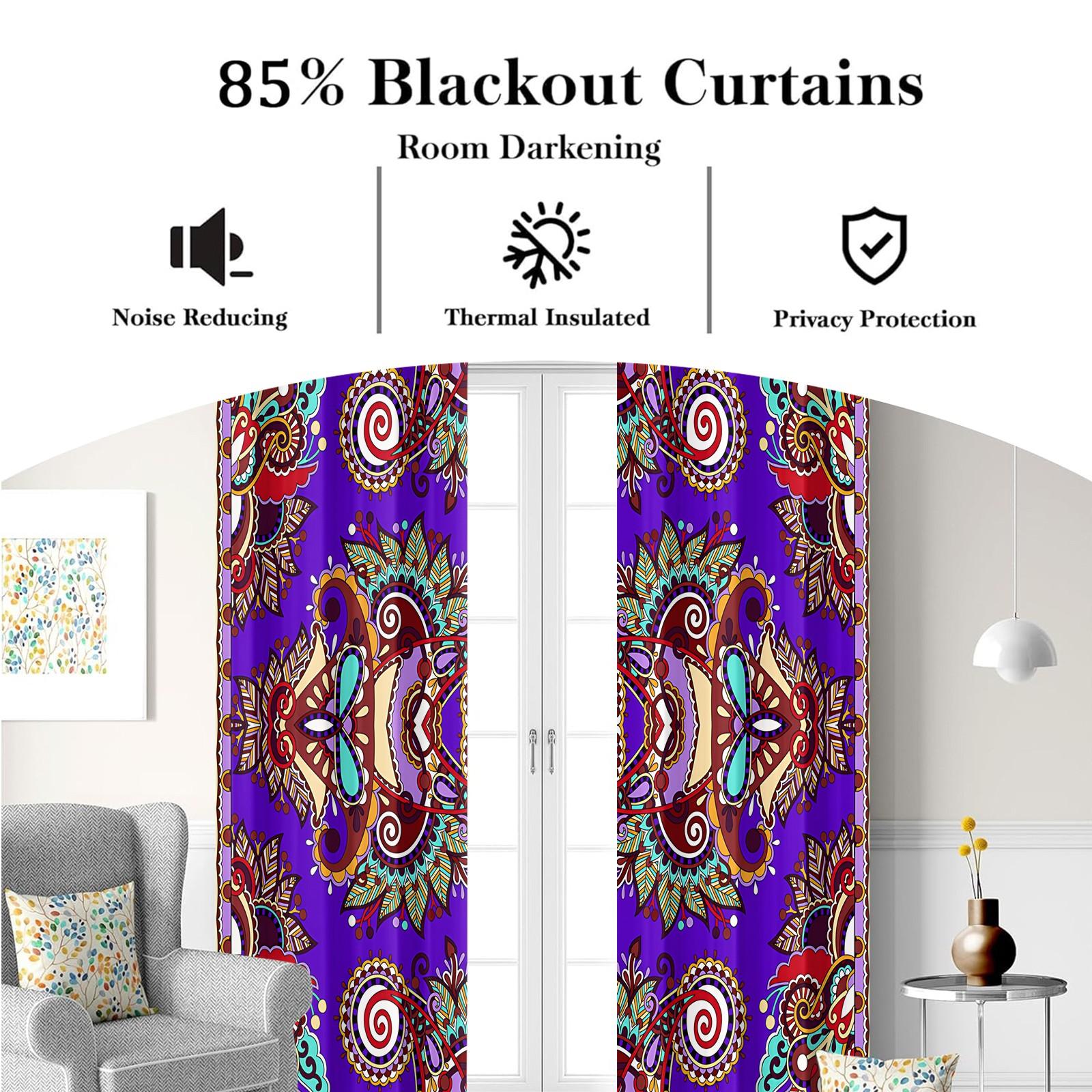 2 Panels Set Boho Paisley Digital Print Window Drapes, Vintage Ethnic Style Darkening Grommet Curtains, Thermal Insulated Privacy Blackout Drapes, Decorative Window Treatment for Living Room, Bedroom, Dorm, Home Office