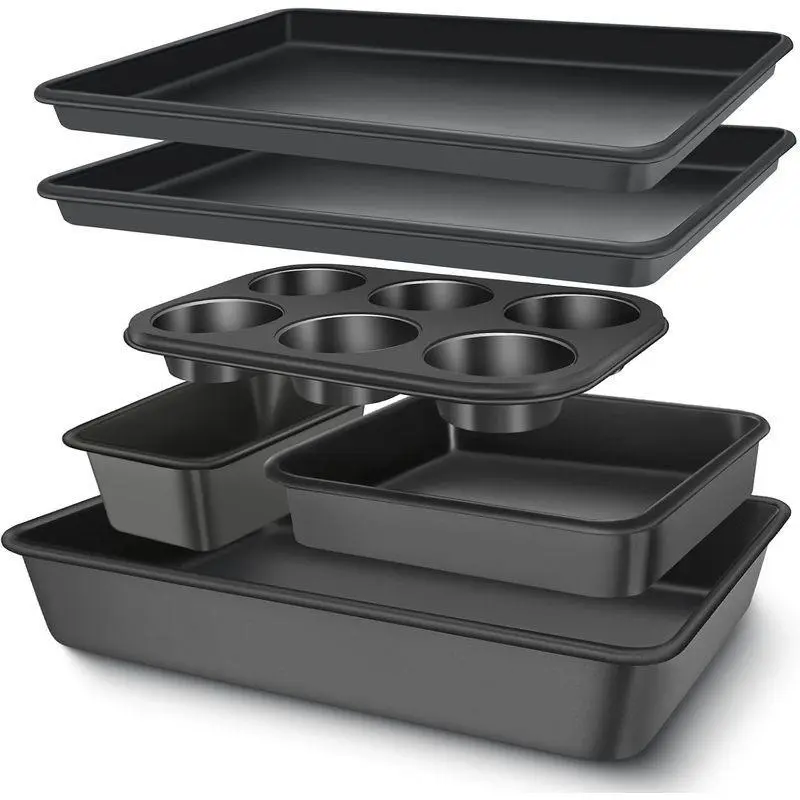 Dark Gray 6 Piece Carbon Steel Baking Pans Set Nonstick Bakeware Including Cookie Sheet Deep Roaster Square Loaf and Muffin Pan Stackable Oven Pans