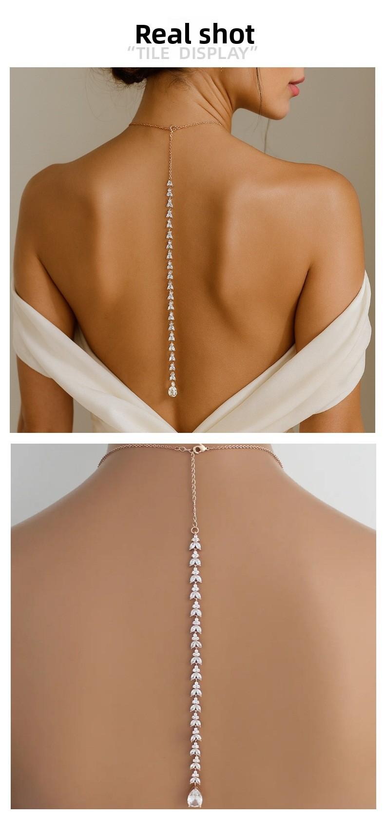 Bridal Back Drop Necklace, Crystal Back Chain for Wedding Dress, Rose Gold Plated Teardrop Pendant Back Necklace for Brides