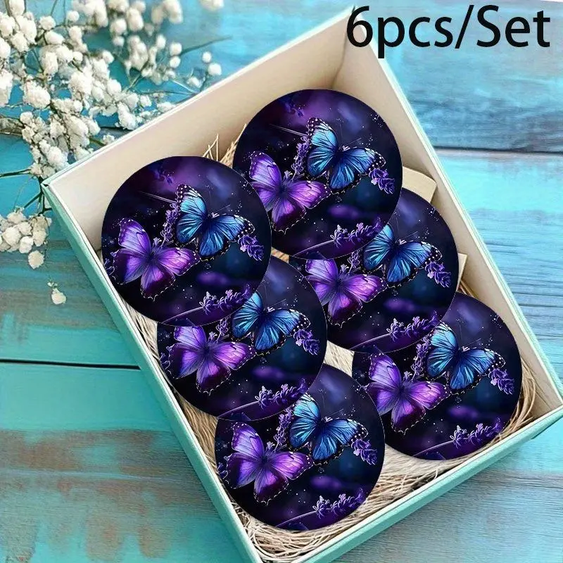 6Pcs Purple Butterfly Motif Lavender Round Coaster Set - Galaxy Print, Gloss Acrylic Paint, Heat Resistant Drink Mats for Home Tabletop & Car Cup Holders (Hot Rod Red)