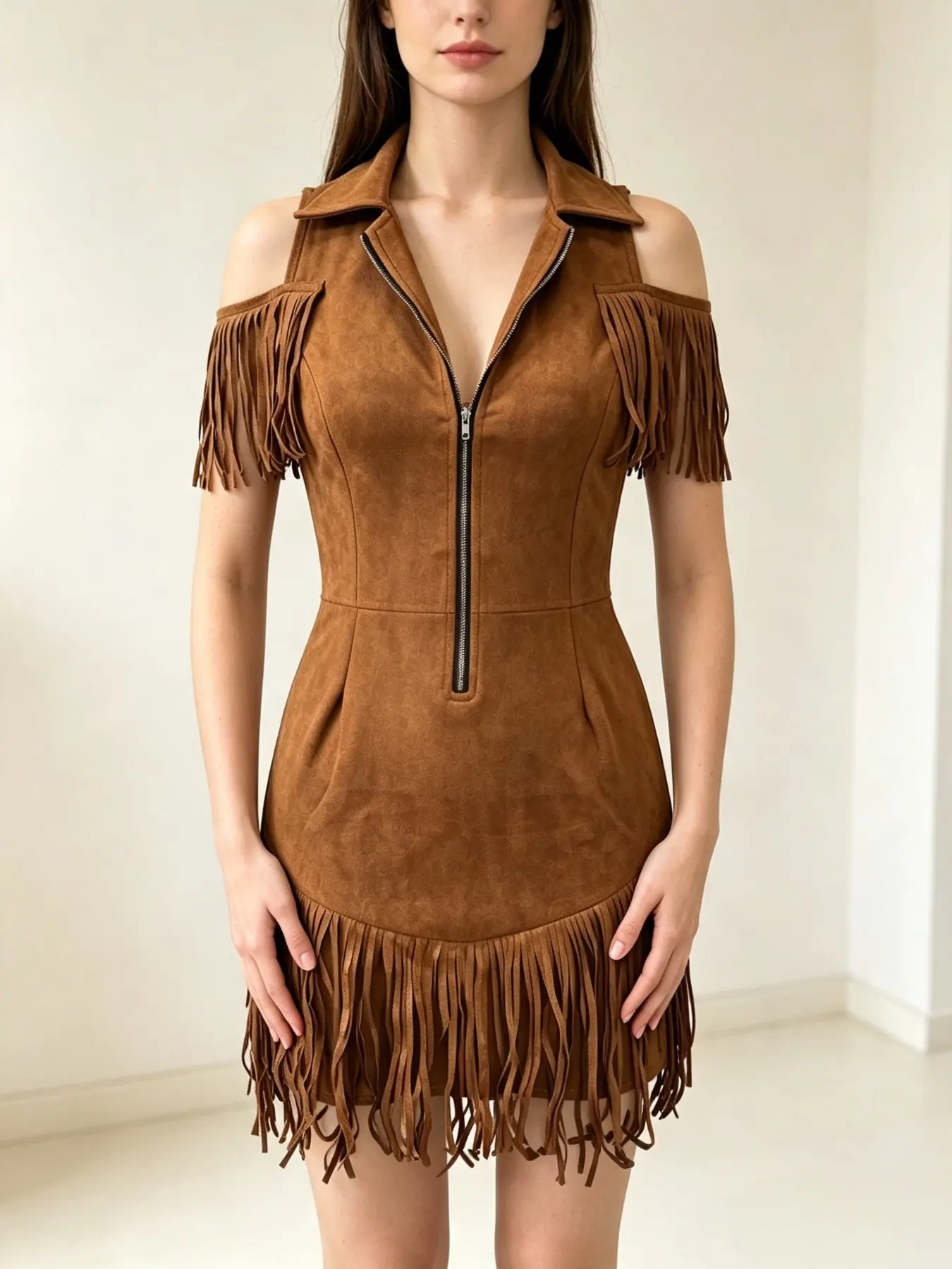 2026 New Y2K Retro Suede Fringe Vneck Off-Shoulder Dress, Western Style Sexy Waist Short Skirt, Casual Wear Fashion for Outdoor Commute