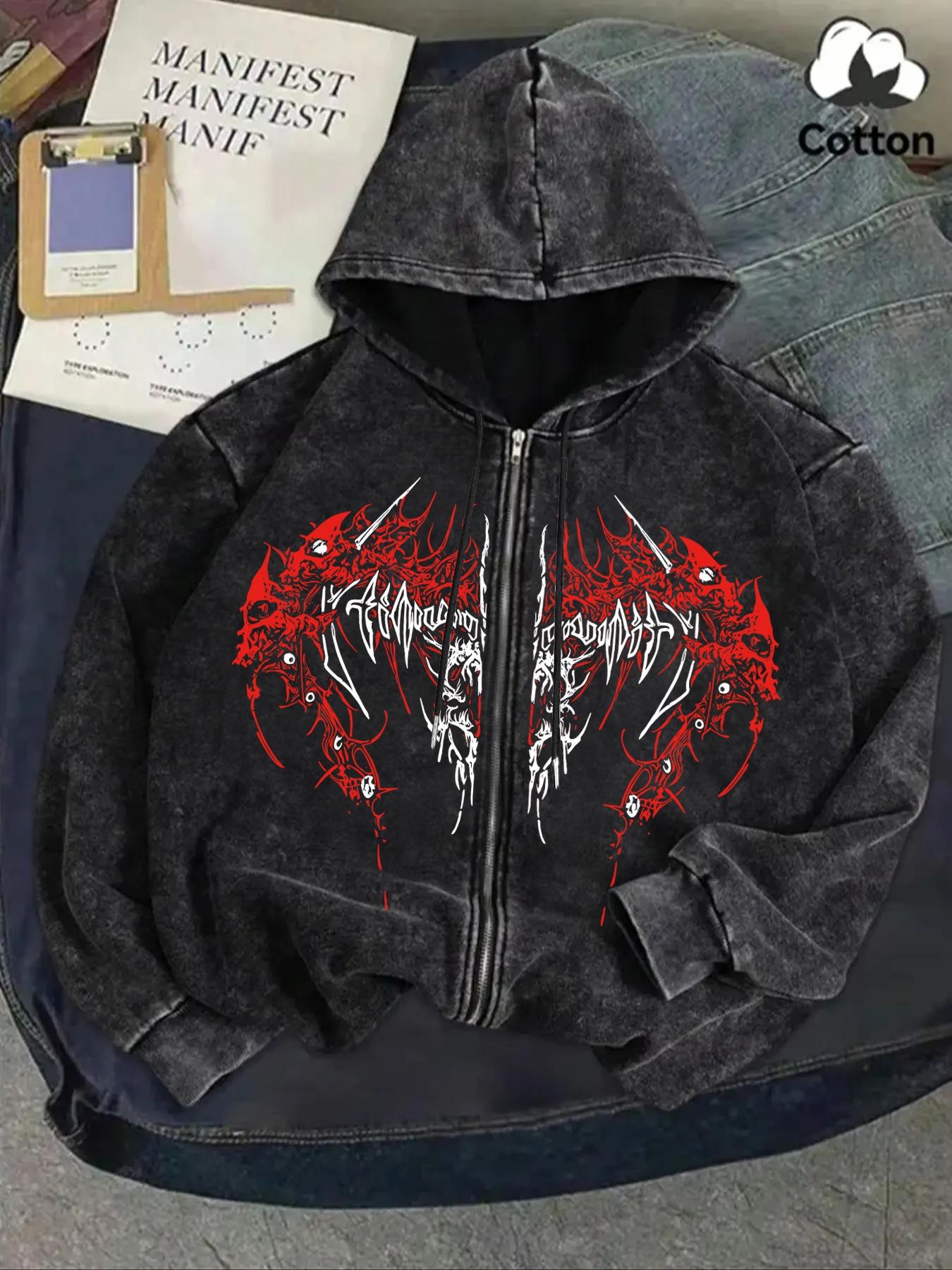 leather hoodie ダークウェア archive y2k grunge Y2K Rock Wash Full Zip Hoodie, Gothic Cross and Tribal Thorn