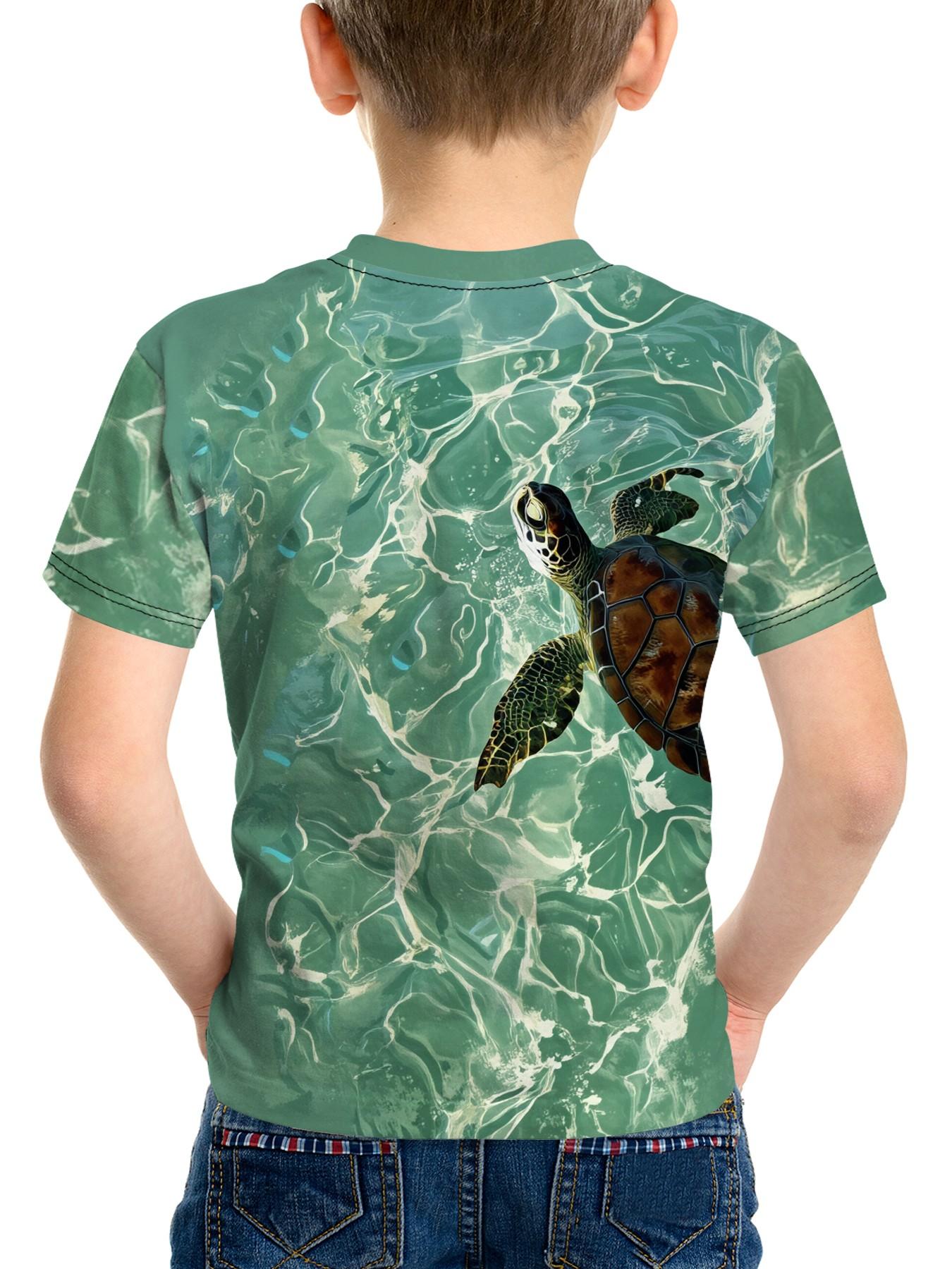 Boys' 3D Turtle Swim Print Short Sleeve T-Shirt, Casual Ocean Style Round Neck, Slim-Fitting Long T-Shirt for Middle School Boys