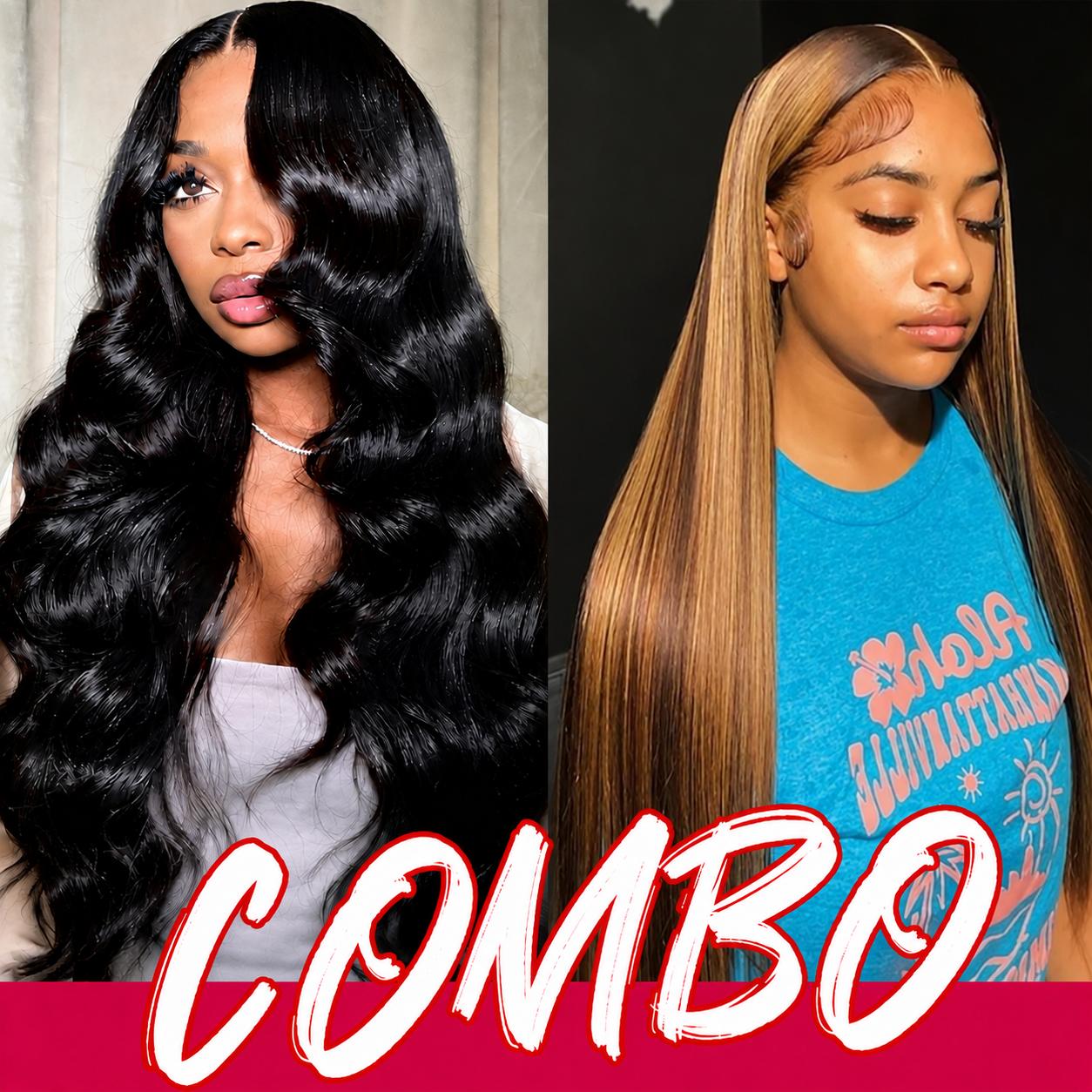 Black Women's 2-Piece Live Combo Human Hair Wigs, 13x4 Transparent Lace Front Straight Wigs, 180% High-Density Fill, Pre-Plucked Line with Baby Hair, Everyday Wear for Females