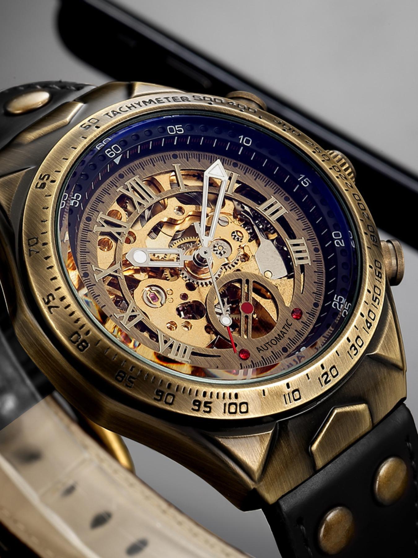 Men's Vintage Mechanical Watch, Fashion Skeleton Automatic Watch for Party, Daily Clothing Decor, Trendy All-match & Exquisite Watch for Gift with Box, Self Winding Watches