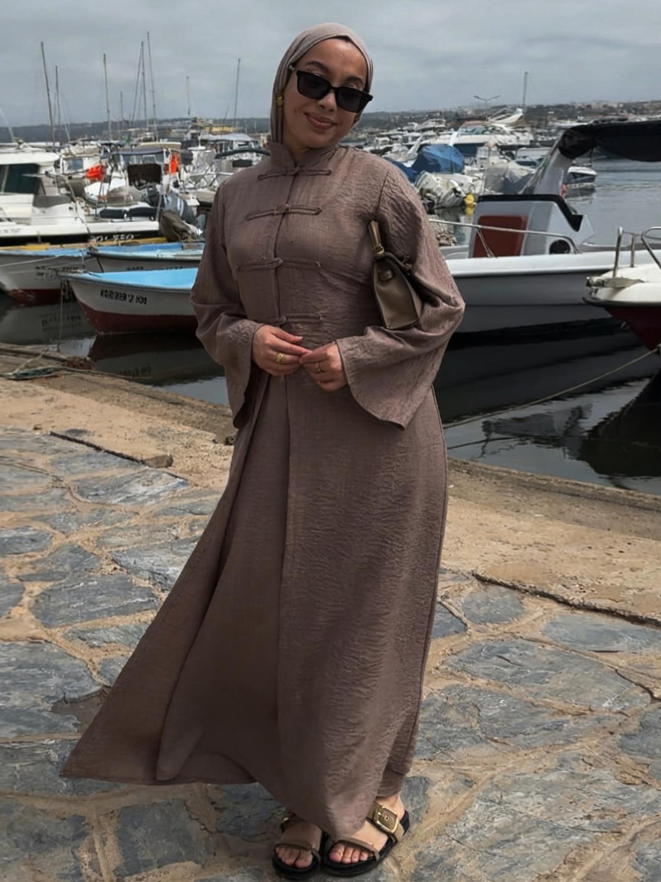 Women's Ramadan Muslim Abaya Solid Color Elegant Cardigan + Long Sleeve Dress Set, Casual Slim-Fitting Two-Piece, Modest Muslim Outfits, No Hijab Included