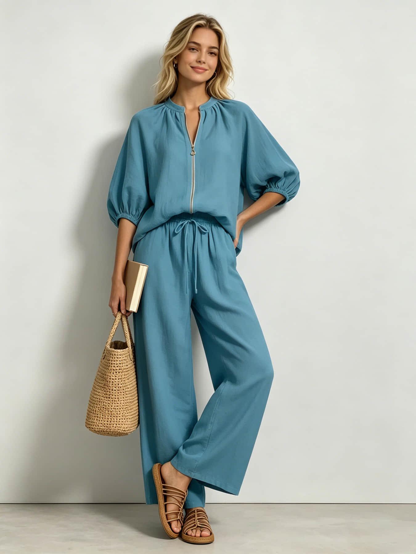 Two piece set of women's vacation casual basic fashion palazzo set Pants Sets Clothes solid color zipper round neck wide leg pants, suitable forallseasons, suitable for vacation, Outdoor, indoor and outdor wear.