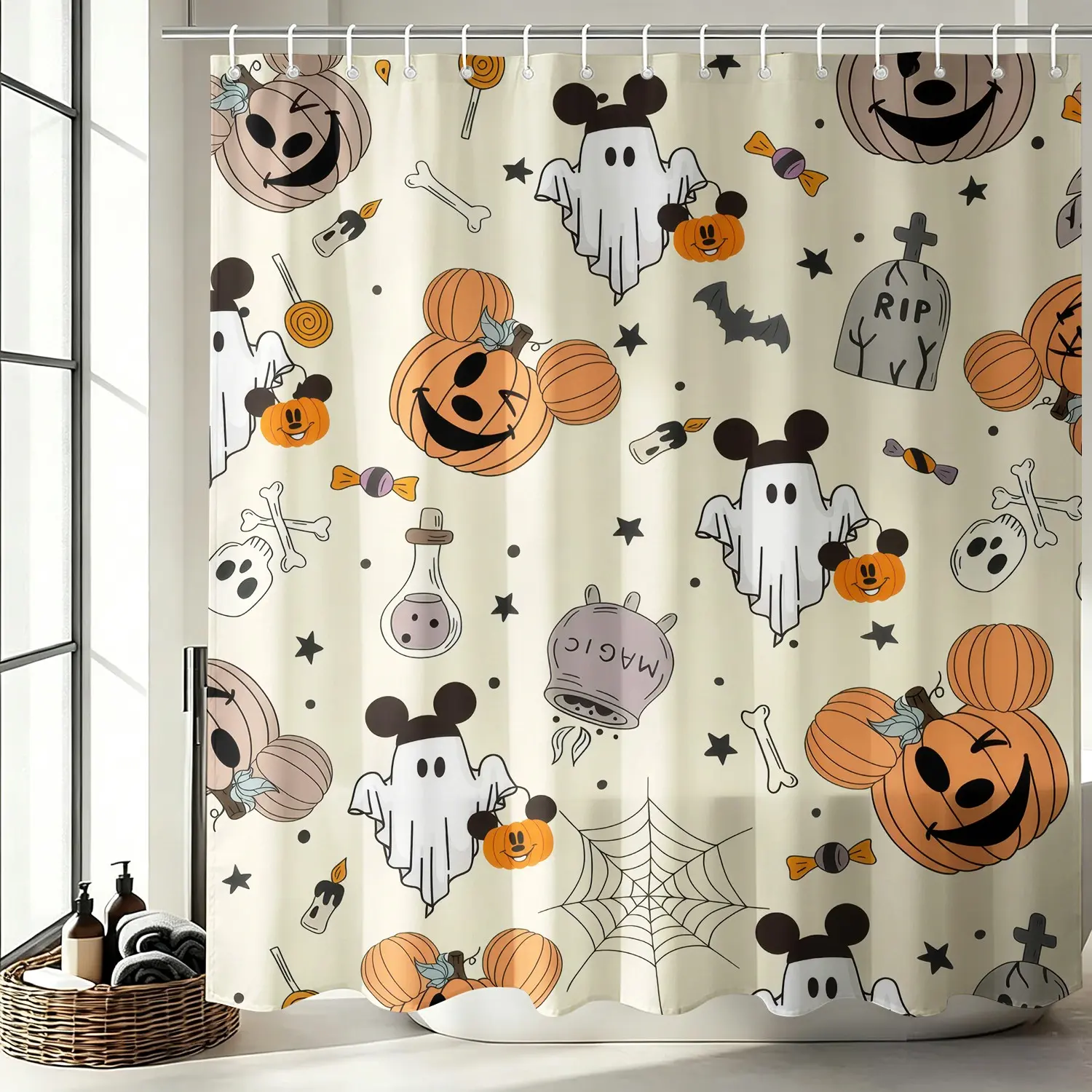 Cute Ghost Pumpkin Spider Web Halloween Print Shower Curtain, Waterproof Cloth Fabric Bathtub Curtain 72"x72" with 12 Hooks, Sweet Spooky Bathroom Decor Accessories for Holiday Home