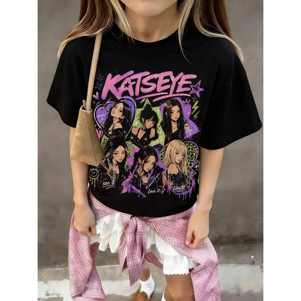 Katseye Beautiful Chaos Tour Graphic Tee for Girl, Vintage Kpop Concert Print Crew Neck Short Sleeve Shirt, Soft Casual Music Fan T-Shirt, Unisex Band Fan Gift For Women Men