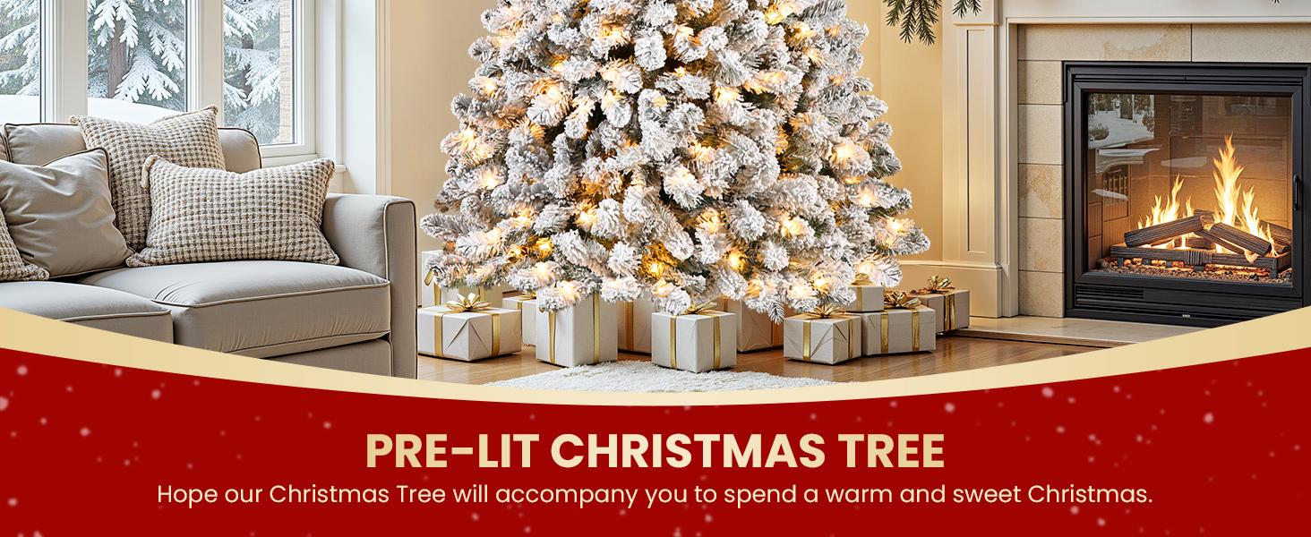 4/5/6/7.5/9FT Pre-Lit Snow Flocked Christmas Tree with Warm White Lights & Foldable Stand – Perfect for Holiday, Home & Party Decoration