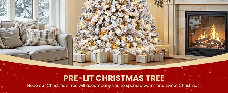 4/5/6/7.5/9FT Pre-Lit Snow Flocked Christmas Tree with Warm White Lights & Foldable Stand – Perfect for Holiday, Home & Party Decoration