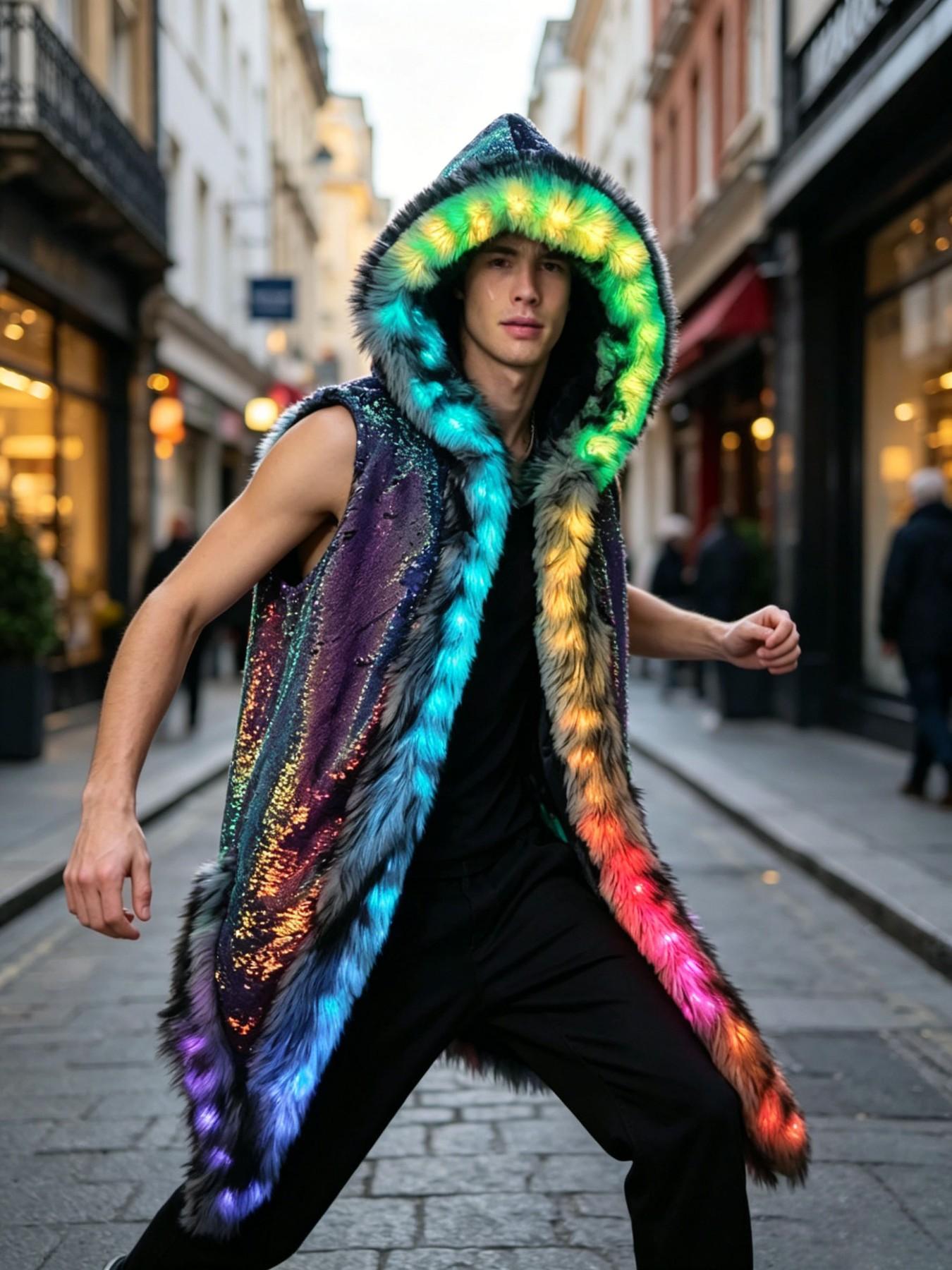 Men's LED Glowing Fake Fur Hooded Vest, Long Sleeveless Jacket, Trendy Party, Versatile Streetwear, Winter Fashion