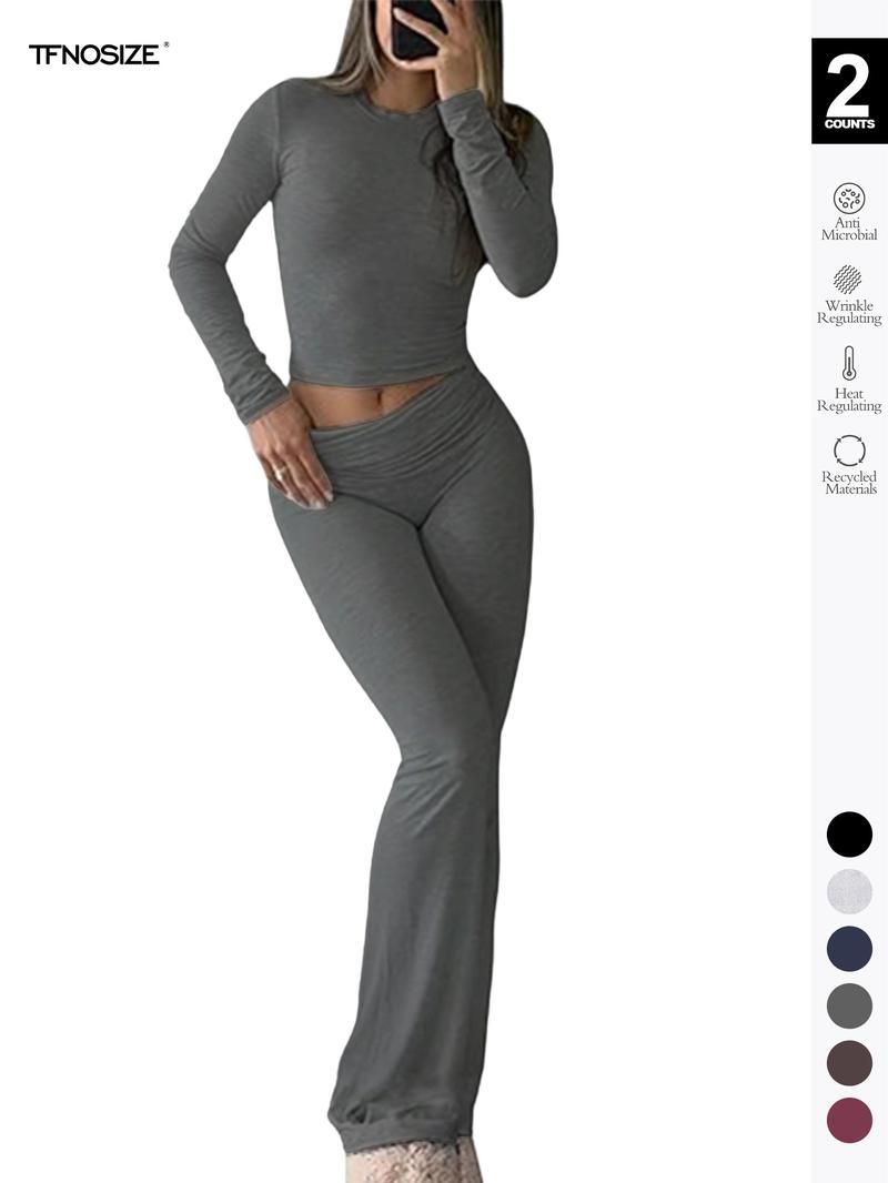 Women's 2 Piece Casual Pajama Set, Slim Fit Long Sleeve Top & Low Rise Bell Bottoms, Versatile Yoga Loungewear for All Seasons,Airport Outfit