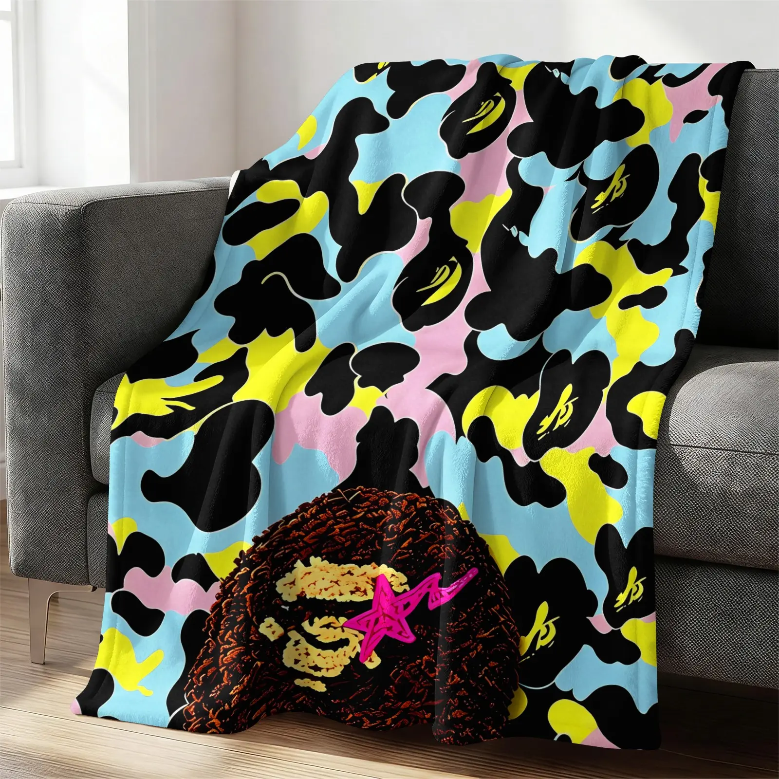 Cool Kawaii Multicolor Camouflage Flannel Throw Blanket, Stylish Fluffy Cartoon Head Graphic With Pink Star Lightweight Fleece Blanket, Soft Blanket For Couch Bed Office Nap, Soft Comfortable, Multiple Patterns Available