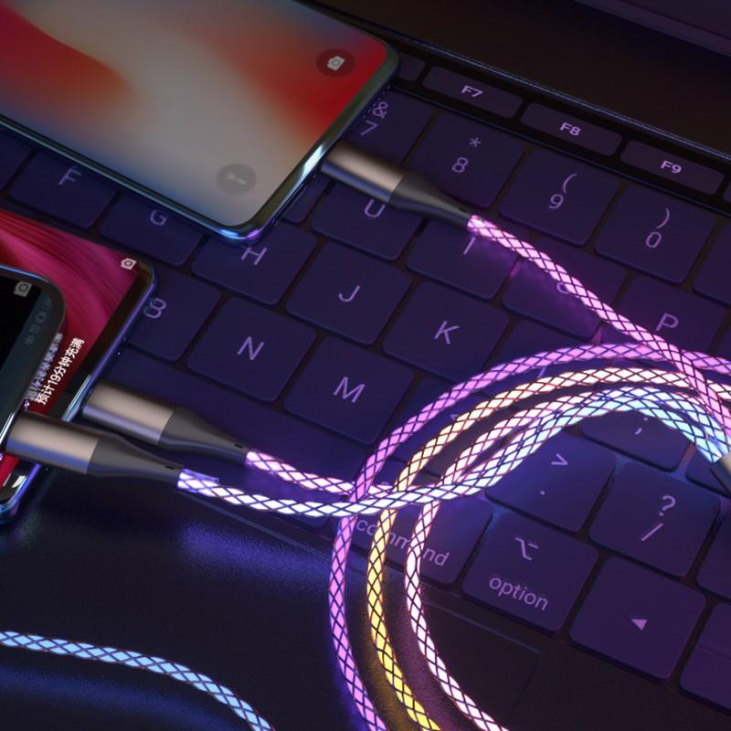RGB Flow Data Cable 66w Fast Charging, 3-In-1 Car Charger with Ambient Breathing Light, Universal Vehicle USB-C Cable