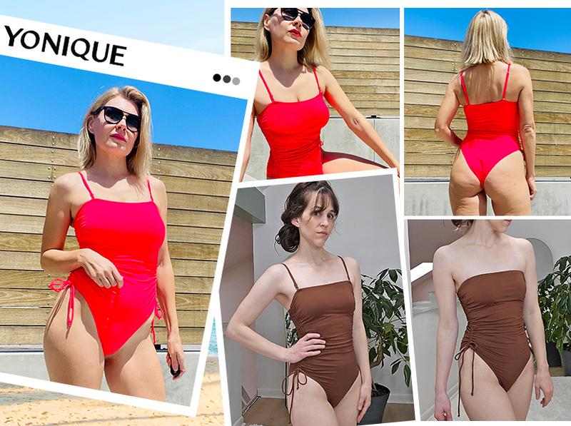 Yonique Women Strapless Tummy Control One Piece Swimsuit Bandeau Bathing Suit Cheeky Swimwear