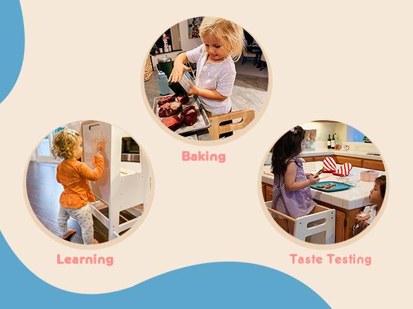 HARPPA Nordo Toddler Tower Montessori Adjustable  Kitchen , Toddler Stools Helper, Kitchen Tower with Learning Chalkboard & Protection Net, Toddler Gifts