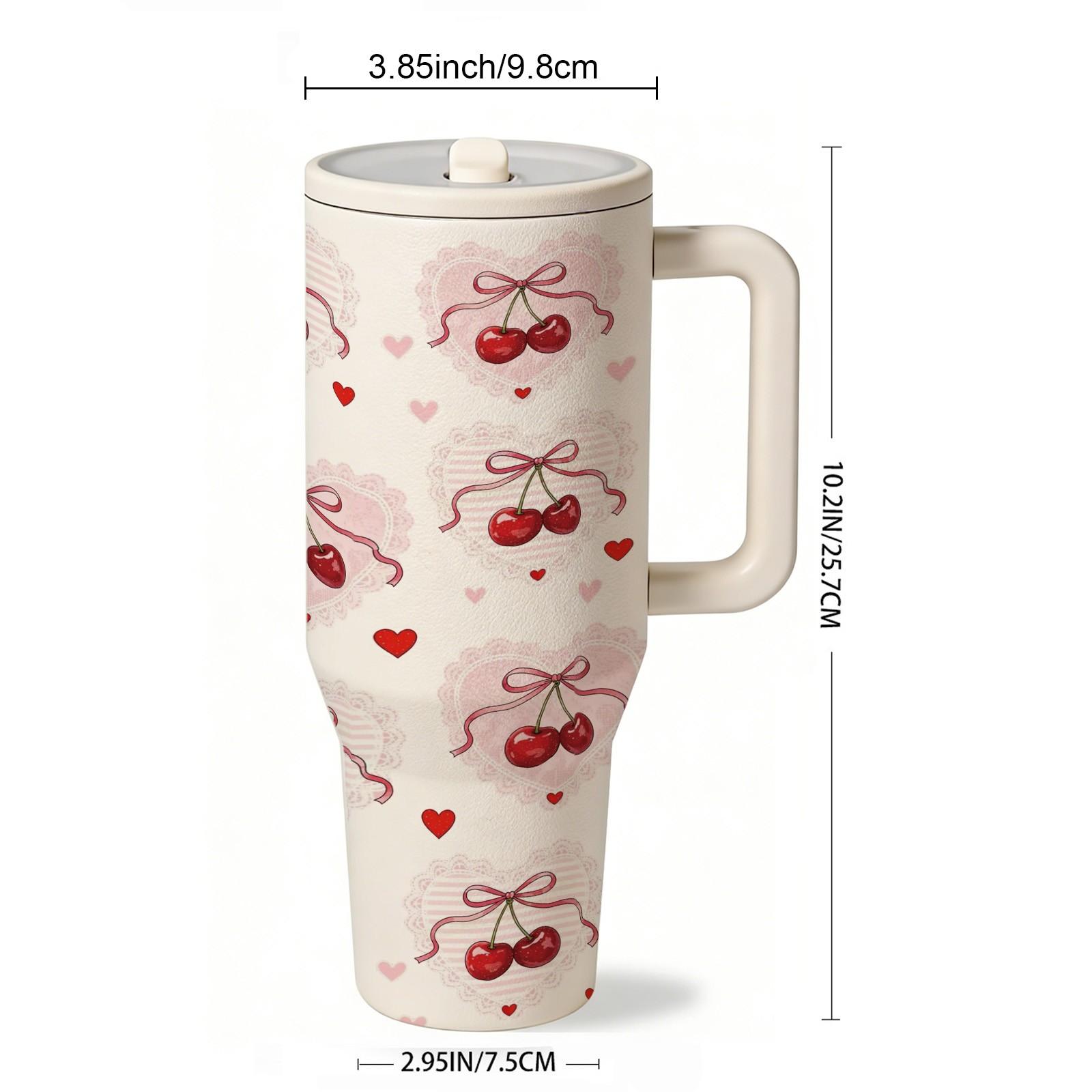 1 Pc 40oz Double Layer Insulated Mug, Tumbler, Vintage Cherry Bow Pattern Thermal Mug, Double Wall Vacuum Mug with Straw Lid and Handle, Keeps Hot 12 Hours, Cold 24 Hours, Large Capacity Car Cup for Hot Cold Drinks, Gift for Women Holiday Daily Use