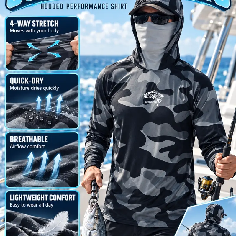 Men's UPF 50 Performance Fishing Shirt with Face Mask, Cooling Hoodie Camo Print Long Sleeve Fishing Shirt Lightweight, Quick Dry, Breathable, Moisture Wicking, 4-Way Stretch, Hiking, Beach, Swimming, Water Sports
