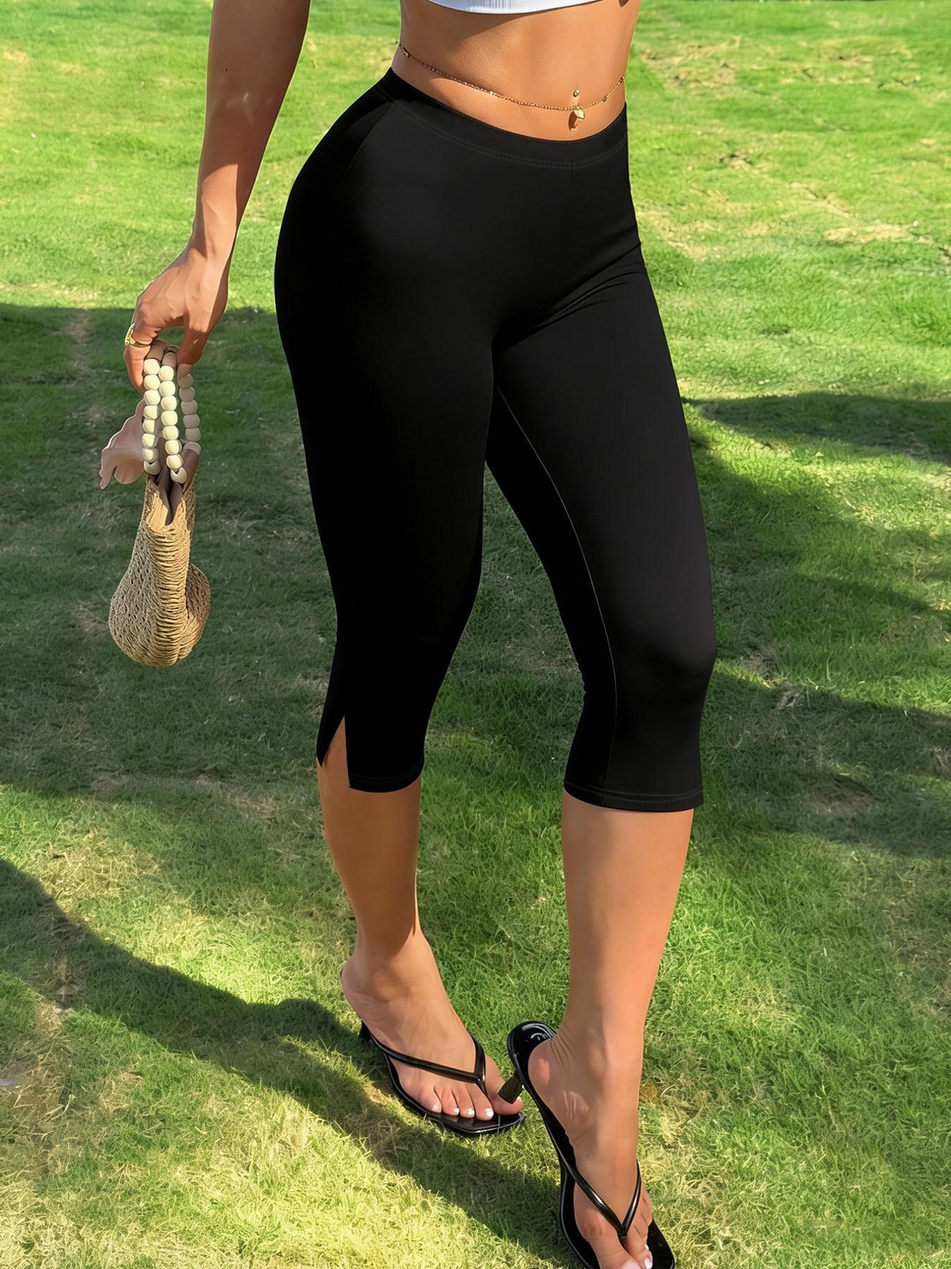 Women's Y2K Streetwear Black Capri Slim-Fit Pants, Active Pants With Side Slit Detail, Suitable For Gym And Casual Daily Wear