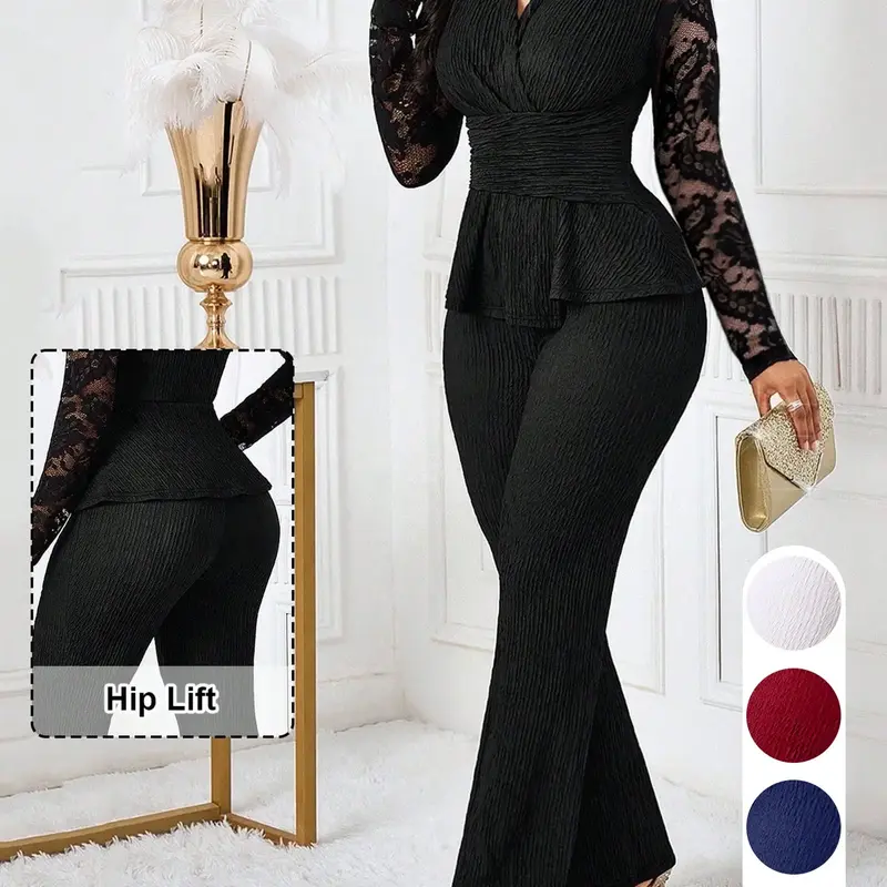 All-Season Curvy Women's 2 Piece Pants Set, Lace Sleeve V Neck Ruched Waist Peplum Top & High Waist Hip Lift Flare Pants, Elegant Matching Outfit for Office, Commute, Night Club and Cocktail Party