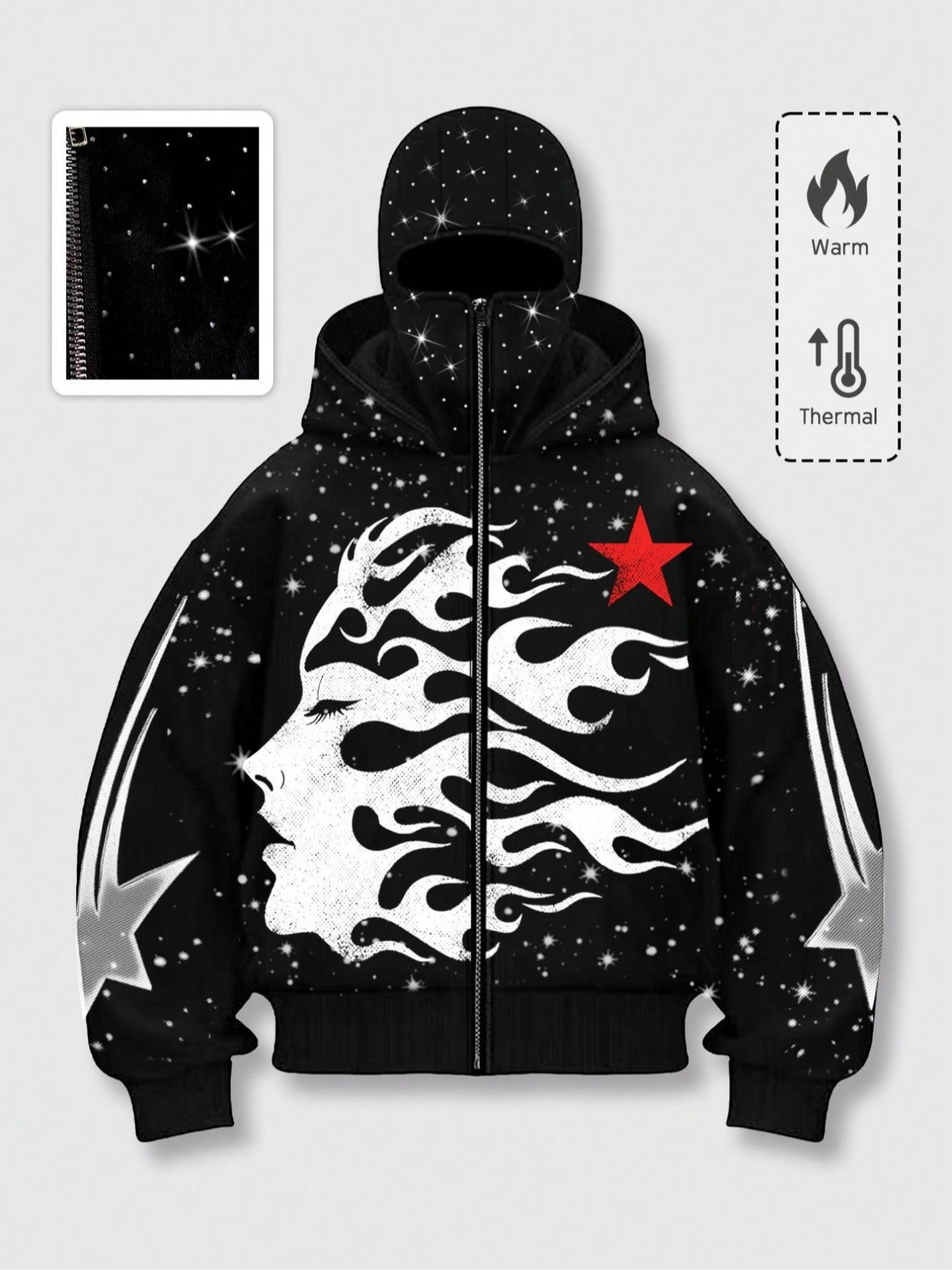 Men's Street Style Rhinestone Decor Hoodie With Two Hat, Windproof Jacket with Pockets and Zipper Design, Fall & Winter Wear, Long, Streetwear, Geometric